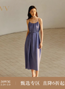 OVV2025春夏新款女装18MM斜纹真丝仿牛仔印花吊带连衣裙