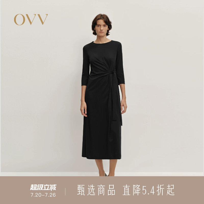 OVV秋冬新款女装优雅舒适圆领直筒随附腰带七分袖连衣裙