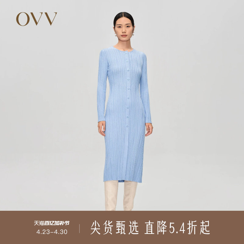OVV秋冬新款女装羊毛立体曲线坑条装饰圆领长袖针织连衣裙