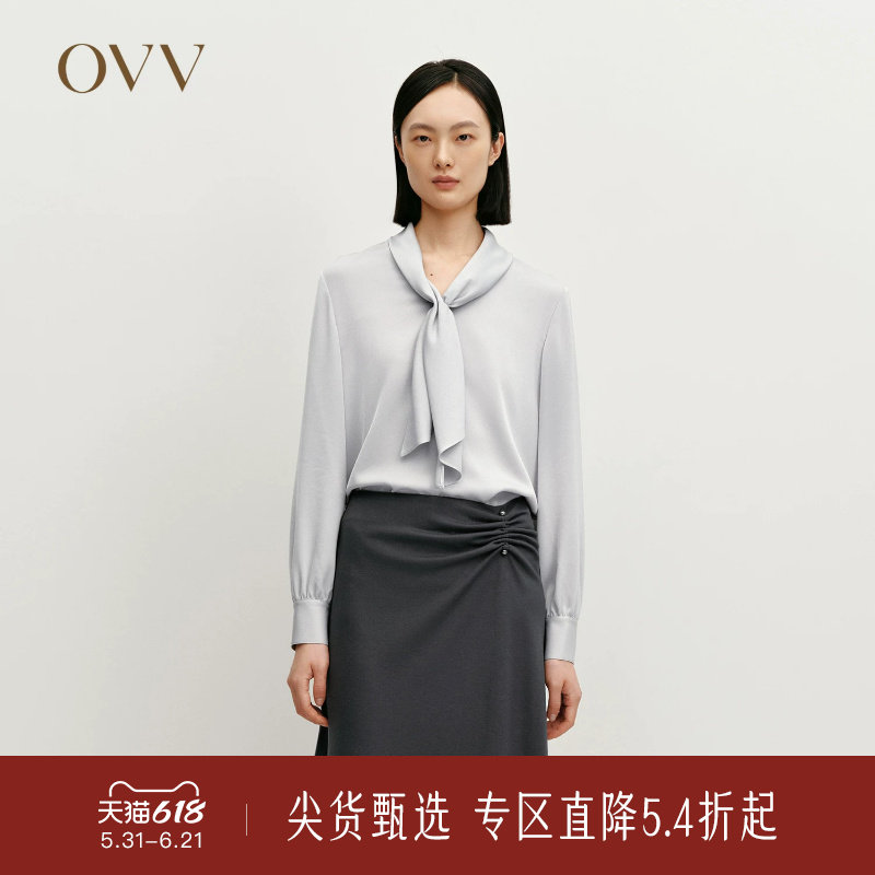 OVV秋冬热卖女装缎面醋酸V领飘带长袖休闲衬衫上衣