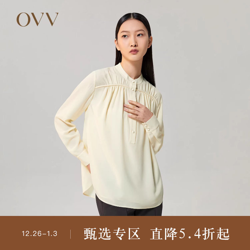 OVV秋冬女装亚麻醋酸混纺干爽舒适小立领长袖休闲衬衫