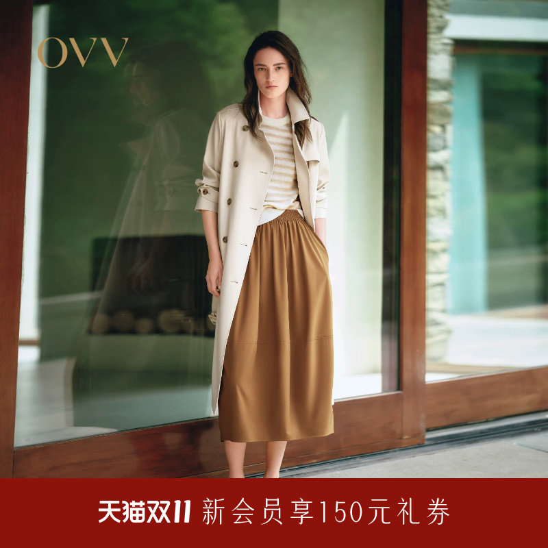 OVV秋冬热卖女装复古双排扣翻领随附腰带中长风衣