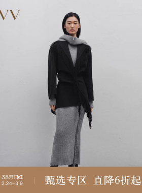 OVV秋冬新款女装流苏装饰边高支羊毛双面呢中长款大衣