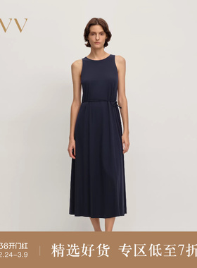 OVV2025秋冬新款女装亲肤顺滑舒适随附腰带无袖A字版连衣裙