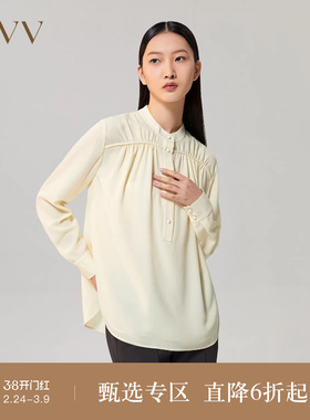 OVV秋冬女装亚麻醋酸混纺干爽舒适小立领长袖休闲衬衫