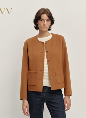 OVV2025秋冬新款女装双面两穿圆领双面呢休闲夹克外套