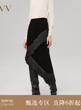 OVV秋冬女装日本进口丝绒不规则下摆流苏半身裙