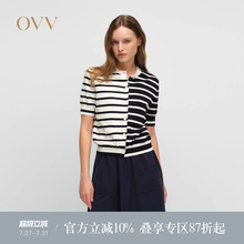 OVV2025春夏新款女装不对称海军风航海条纹圆领短袖休闲针织衫