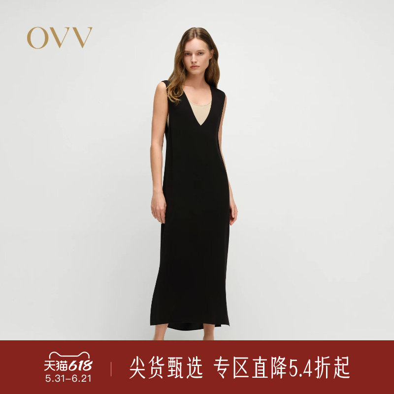 OVV春夏新款女装淡人缎面醋酸撞色可拆卸两件套无袖连衣裙