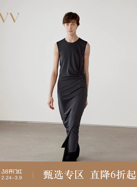 OVV2025春夏新款女装淡人不对称抽褶设计圆领直筒无袖连衣裙