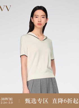OVV春夏热卖女装丝棉混纺海军领撞色边饰短袖针织衫