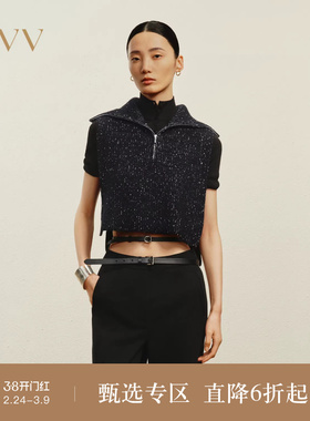 OVV秋冬热卖女装时髦大翻领半开襟无袖短款针织背心
