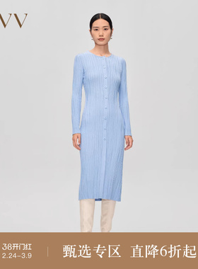 OVV秋冬新款女装羊毛立体曲线坑条装饰圆领长袖针织连衣裙