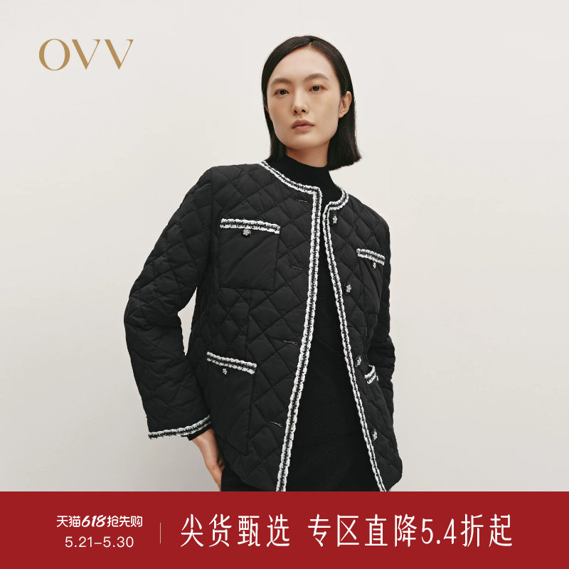 OVV秋冬热卖女装时髦精致圆领粗花呢轻薄羽绒服外套