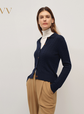 OVV2025秋冬新款女装复古立体绞花POLO领长袖针织开衫