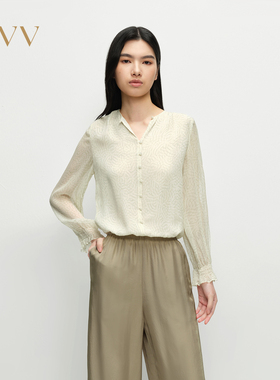 OVV2025春夏新款女装淡人8MM顺纡绉轻透圆领长袖休闲真丝衬衫