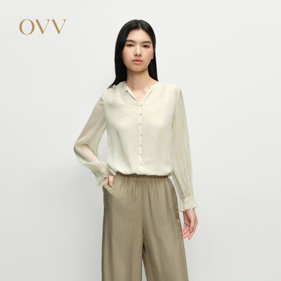 OVV2025春夏新款女装淡人8MM顺纡绉轻透圆领长袖休闲真丝衬衫