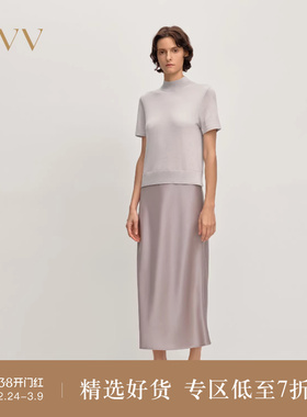 OVV2025秋冬新款女装针梭镶拼开衩设计假两件短袖连衣裙