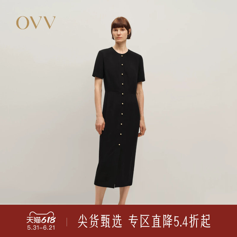 OVV秋冬新款女装日本进口三醋酸复古小金扣圆领短袖连衣裙