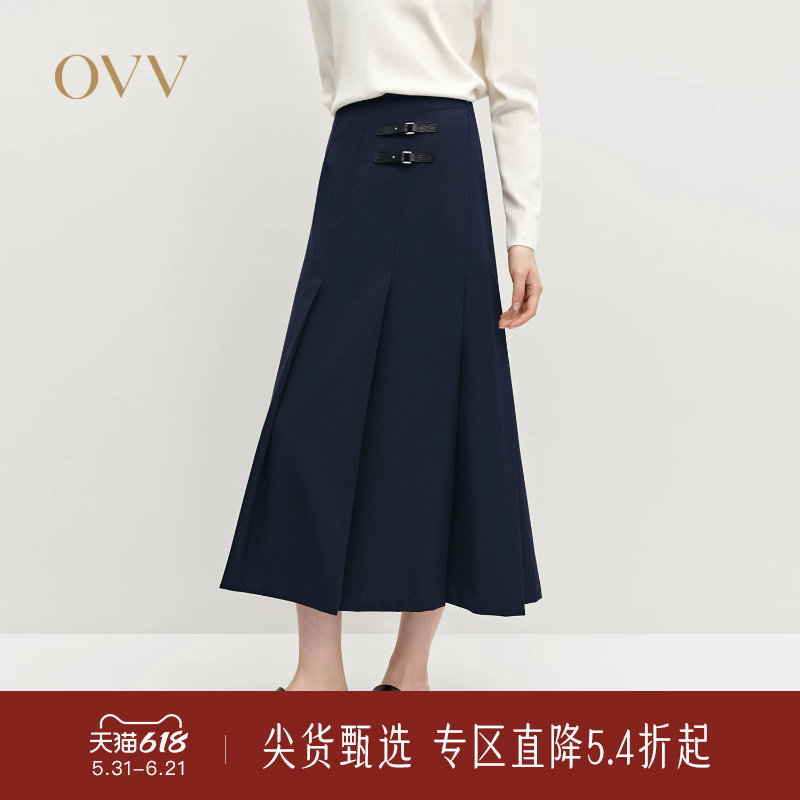 OVV秋冬热卖女装简约时髦斜向百褶皮袢装饰半身裙