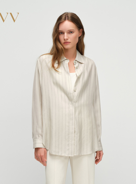 OVV2025春夏新款女装淡人日本进口铜氨纤维条纹面料长袖衬衫