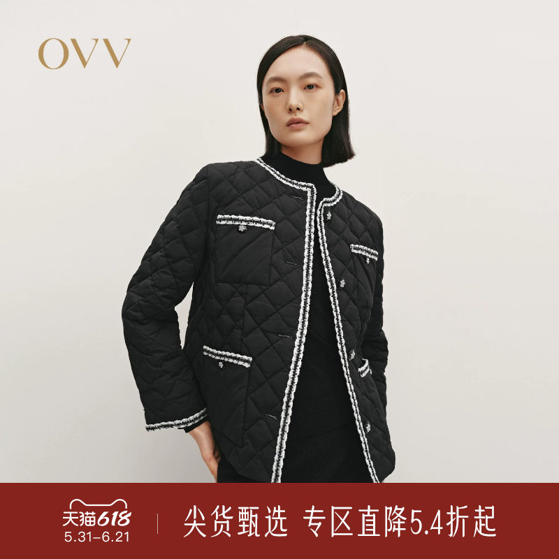 OVV秋冬热卖女装时髦精致圆领粗花呢轻薄羽绒服外套