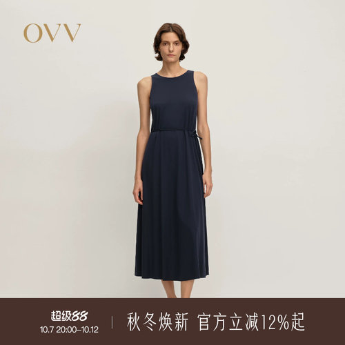OVV秋冬热卖女装亲肤顺滑舒适随附腰带无袖A字版连衣裙