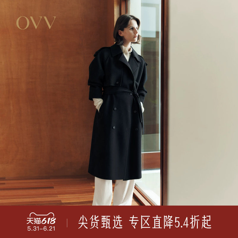 OVV秋冬新款女装优雅经典风衣式随附腰带长款薄大衣