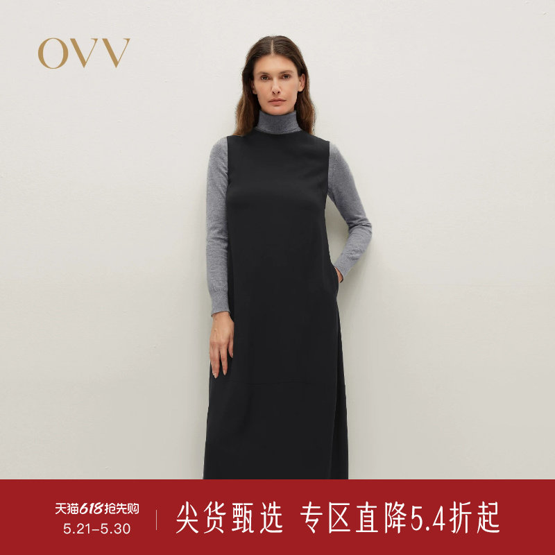 OVV秋冬新款女装日本进口缎面醋酸圆领无袖连衣裙小黑裙