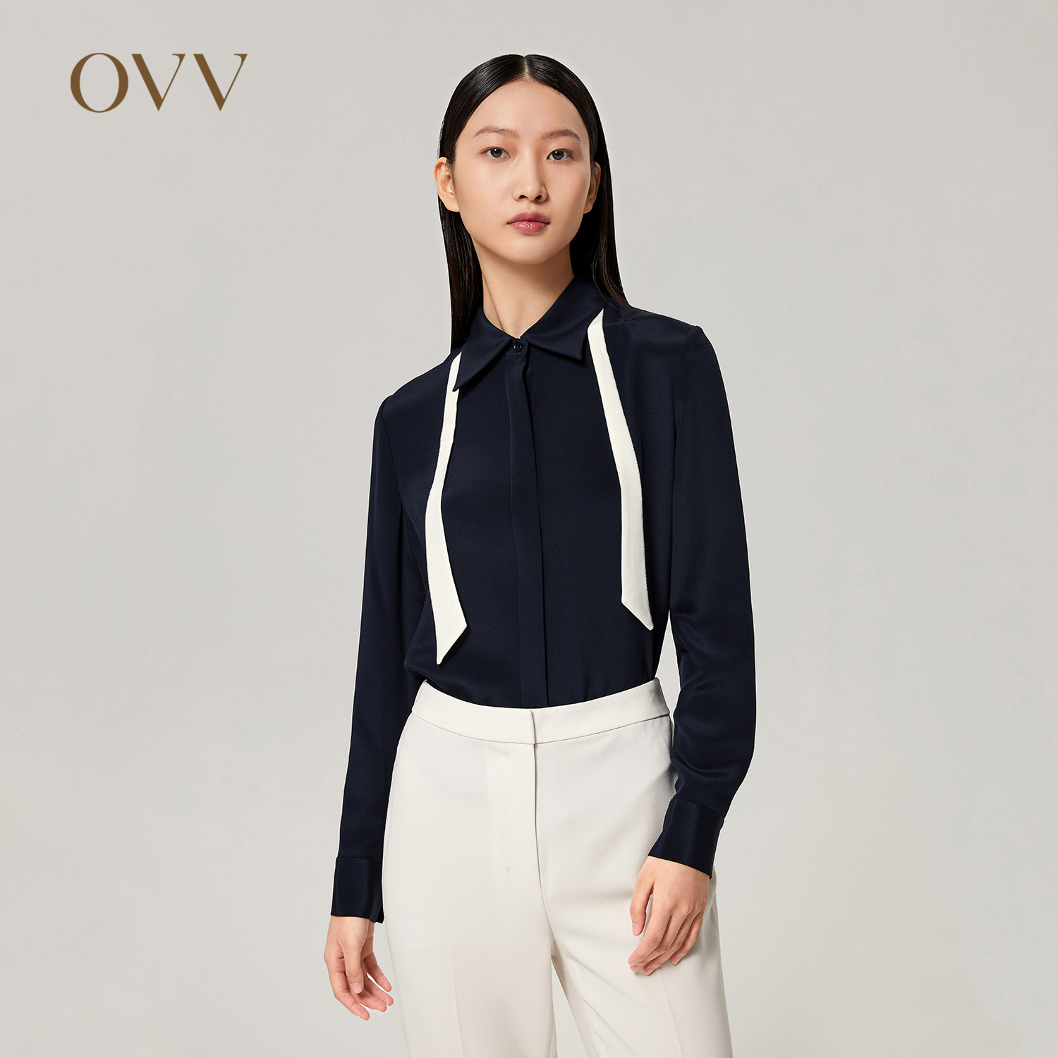 OVV2022秋冬V领飘带气质休闲衬衫