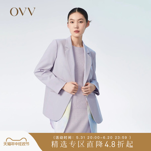 OVV春夏热卖女装精纺羊毛侧开衩印花拼接时尚休闲西服外套