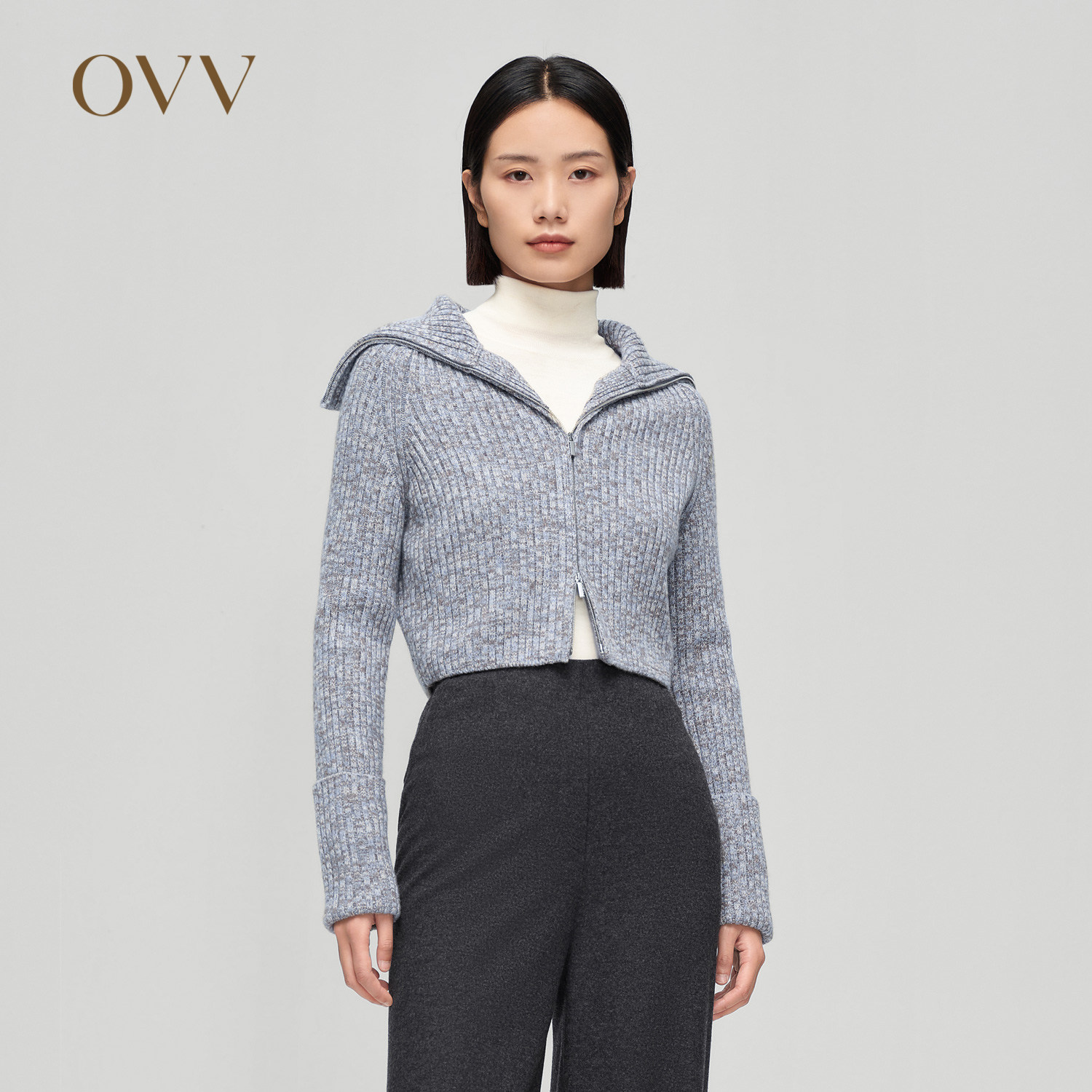 OVV秋冬新款女装羊毛羊绒花纱大翻领轻盈休闲感针织外套