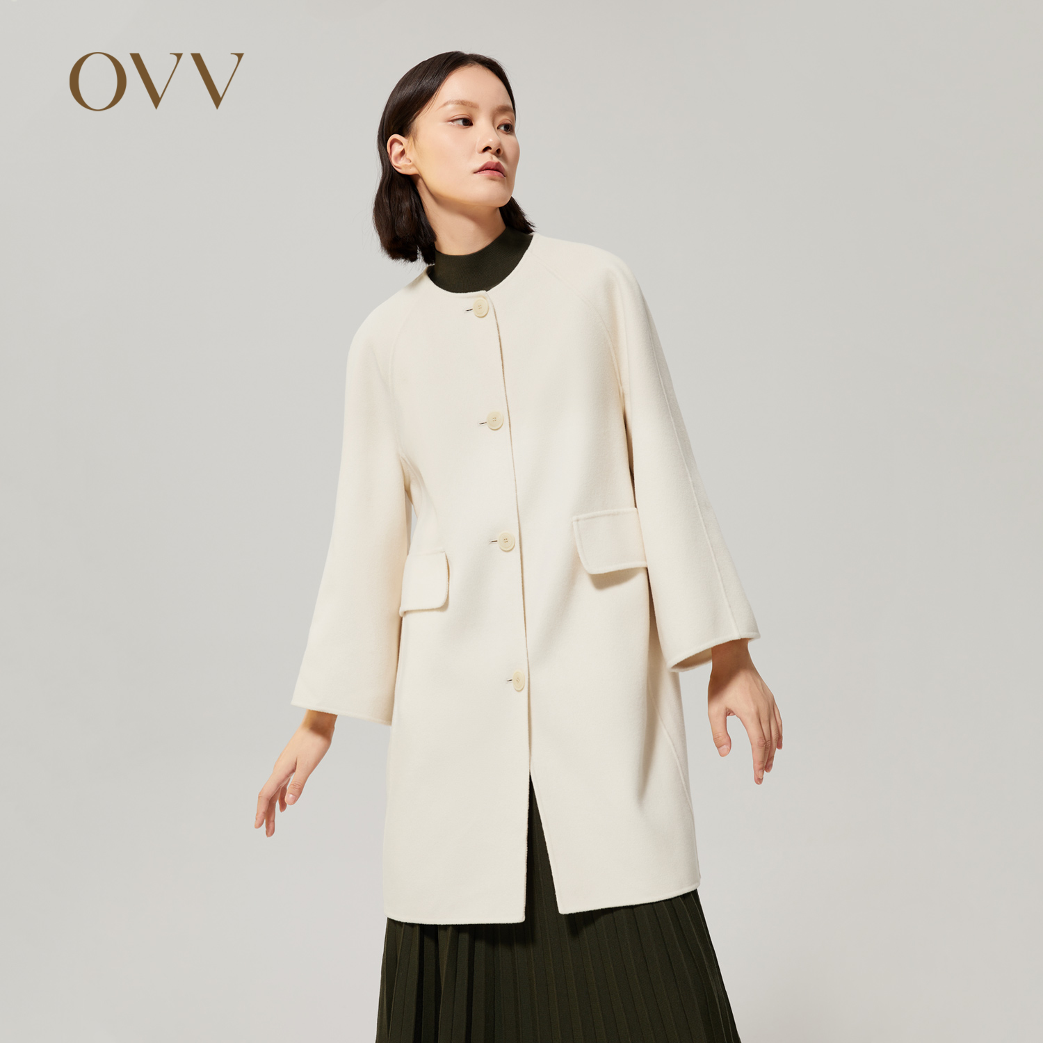 OVV圆领插肩袖羊毛大衣女