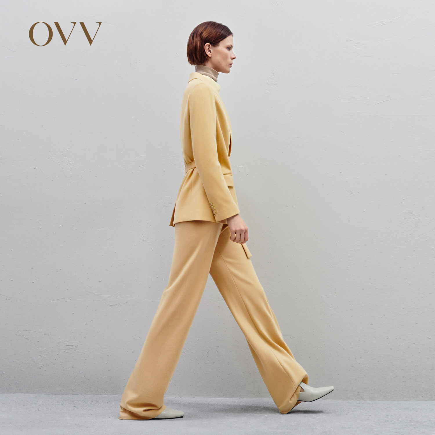 OVV秋冬新款女装针织羊毛不对称系带设计女套装西服外套