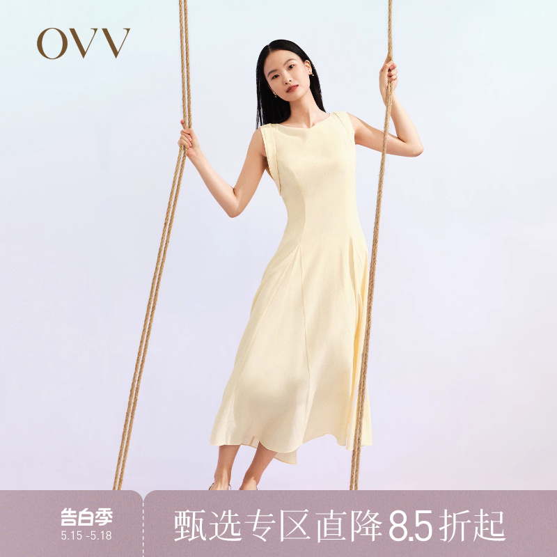 OVV2023春夏新款女装桑蚕丝混纺优雅一字领A字版型无袖连衣裙
