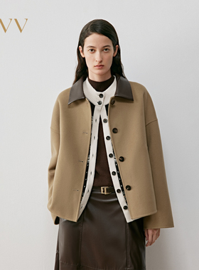 OVV2025秋冬新款女装直筒撞色小翻领双面呢休闲夹克大衣