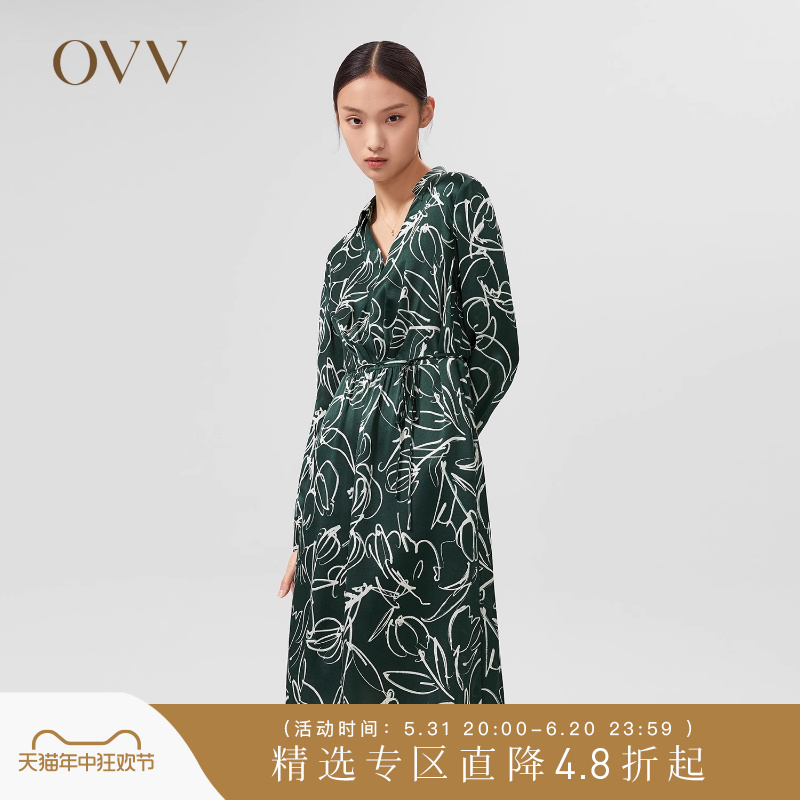 【爱情而已同款】OVV春夏热卖女装桑蚕丝缎面绉印花抽褶连衣裙 女装/女士精品 连衣裙 原图主图