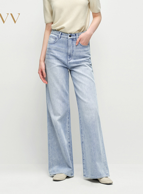 OVV2025春夏新款女装淡人舒适柔软拖地裤简约中腰阔腿牛仔裤