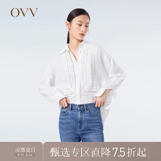 OVV春夏热卖女装亚麻镂空花边长袖休闲衬衫