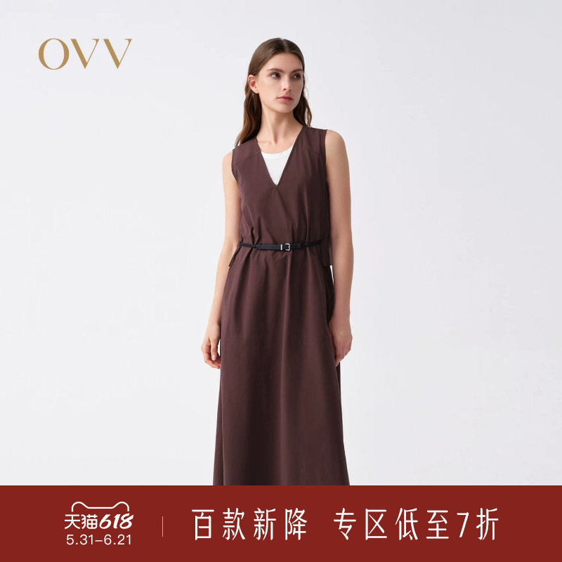 OVV2026春夏新款女装撞色PU腰带休闲V领无袖连衣裙