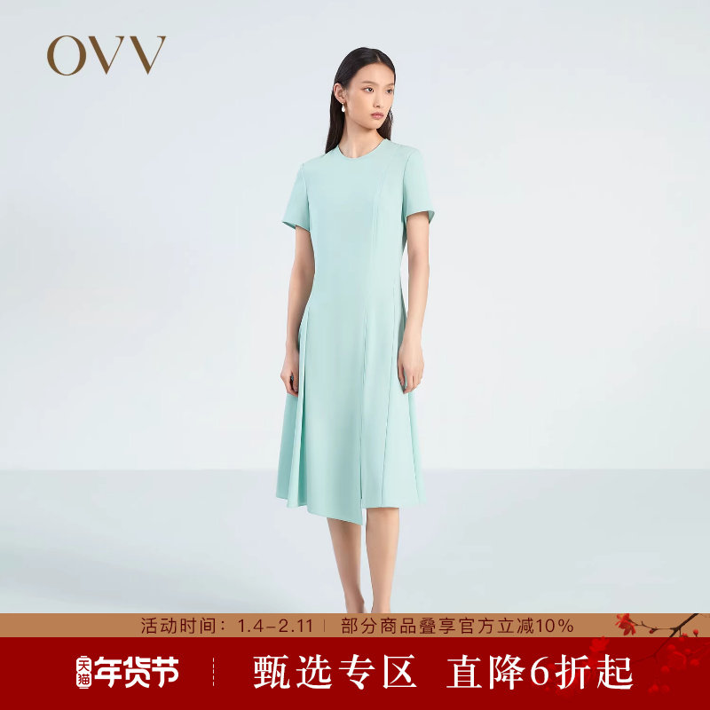 OVV春夏热卖女装单面缎三醋酸圆领经典不对称A字短袖连衣裙