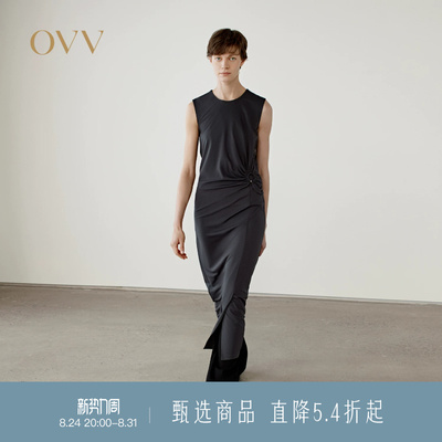 OVV春夏热卖女装淡人不对称抽褶设计圆领直筒无袖连衣裙