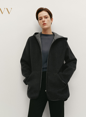 OVV秋冬热卖女装拉链连帽短款双面呢羊毛休闲时尚大衣