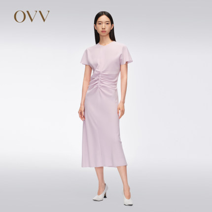 OVV2024春夏新款女装进口三醋酸面料A字抽褶短袖连衣裙