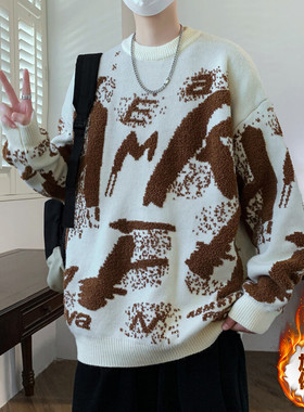 美式tomboy风翻领提花毛衣男加厚保暖宽松百搭针织衫