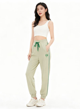 【恋】淑女裤子浅绿色长裤宽松卫裤束脚高腰YL1068