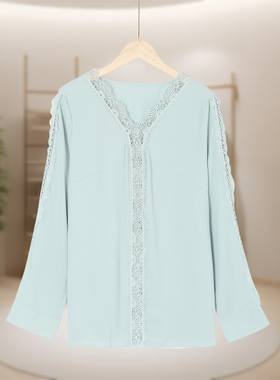 【德玛N】拼接蕾丝V领长袖衬衫上衣套头新款花边宽松女士DD377