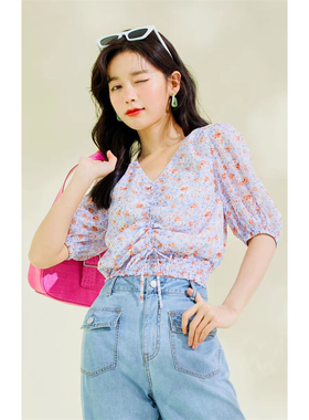 【恋】小碎花荷叶边蓝色泡泡袖B228-EEBWB25W1M