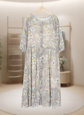 【德玛N】印花中袖衬衫连衣裙圆领中长款优雅收腰夏季碎花DD140