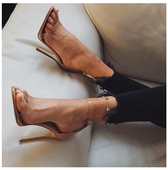 女超细跟裸色黑色 一字带透明高跟凉鞋 雅绸2025新款 女真皮简约时尚